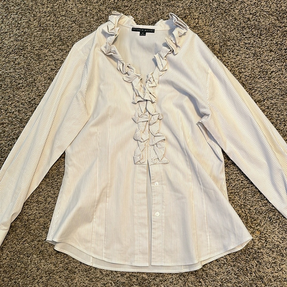 Antonio Melani Ruffle Button Up Blouse Top Striped Grey Cuffed Sleeve